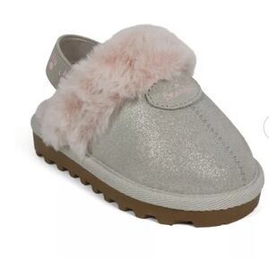 BEARPAW Toddler Rebecca Suede Slippers with Sheepskin - White Glitter, Size 5